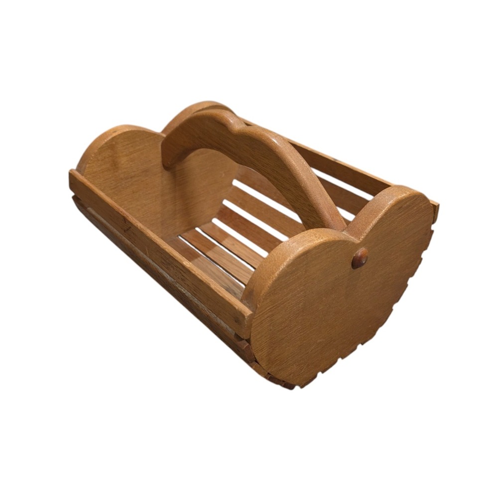 Vintage Heart Shaped Wooden Slat Basket Caddy with Handle Farmhouse Decor